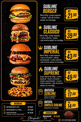 Sublime Burguer Artesanal Cardápio